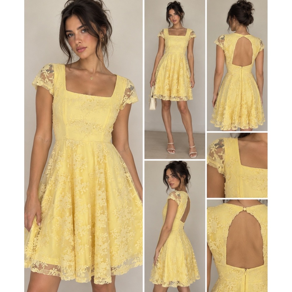 Lulu's Yellow Floral Lace Fit and Flare Dress Open Back Cap Sleeve Small